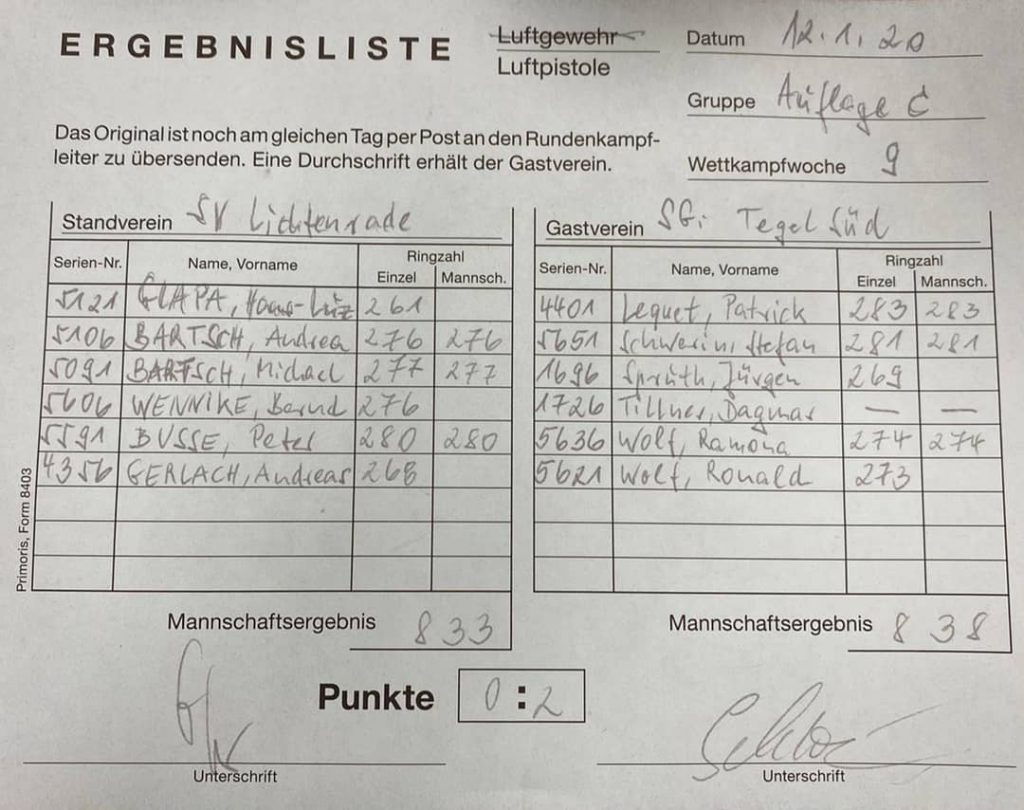 Ergebnisse vom Rundenkampf zwischen dem SV Lichtenrade und der Schützengilde Tegel-Süd e.V. in der Staffel C